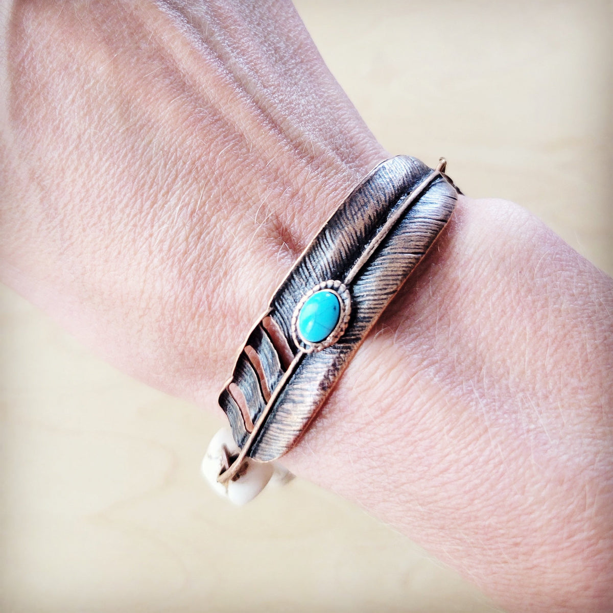 White Turquoise Copper Feather Bracelet