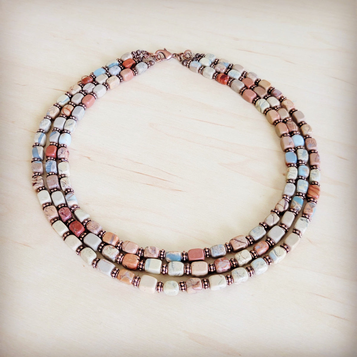 Triple Strand Aqua Terra & Copper Necklace