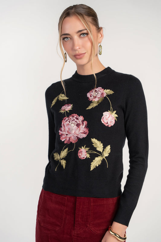 Floral Embroidered Black Sweater
