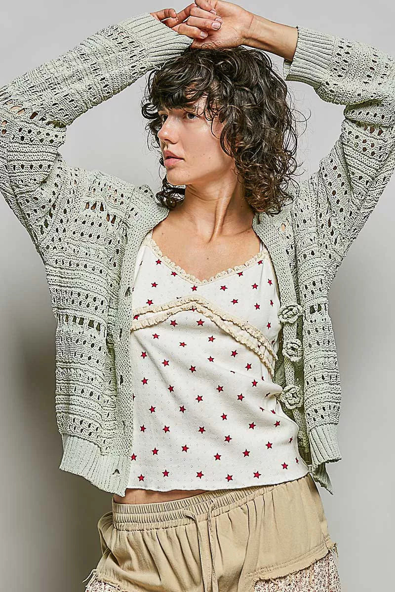 Open-Knit Floral Button Cardigan