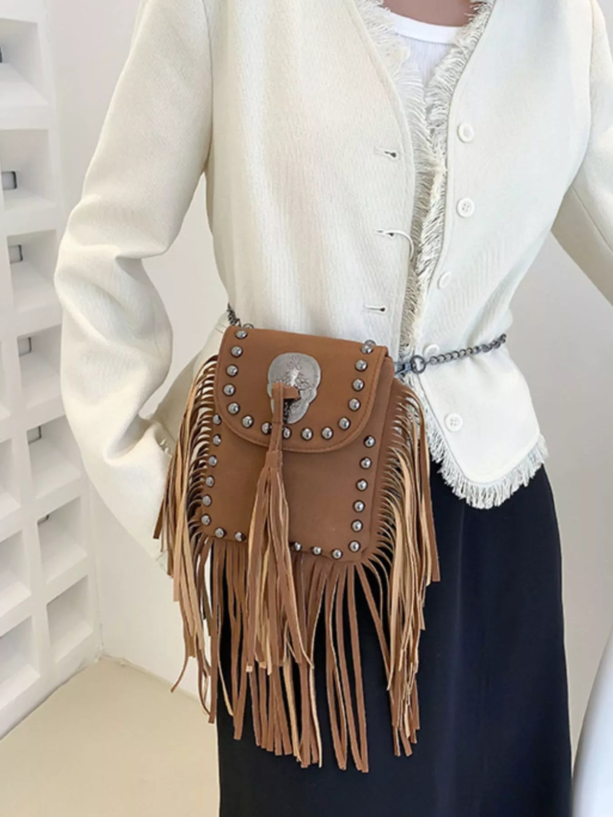 Fringe Rivet Crossbody Bag