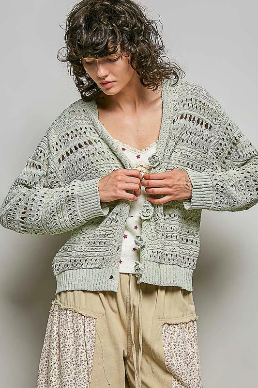 Open-Knit Floral Button Cardigan