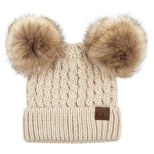 C.C Double Pom Cable Knit Beanie