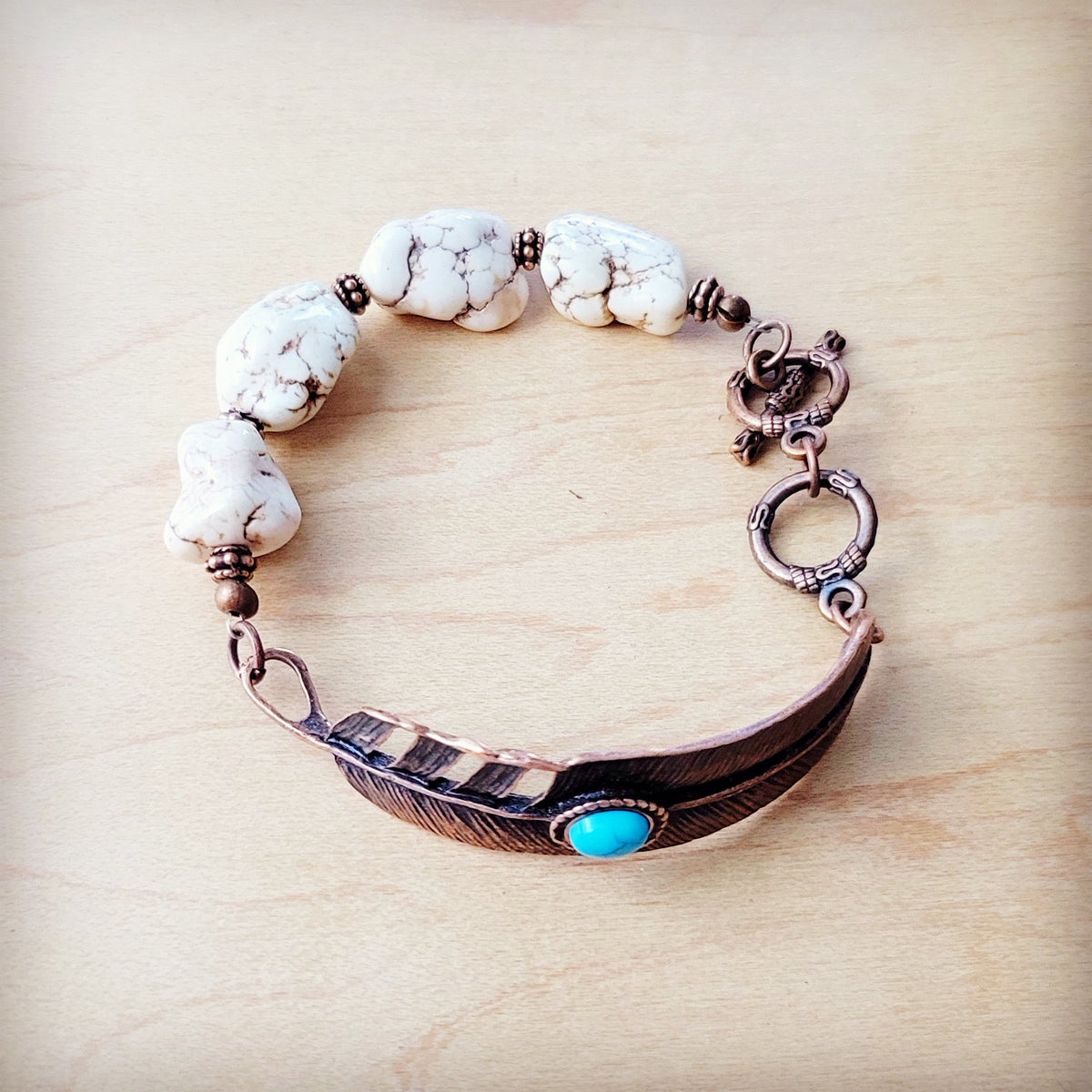 White Turquoise Copper Feather Bracelet