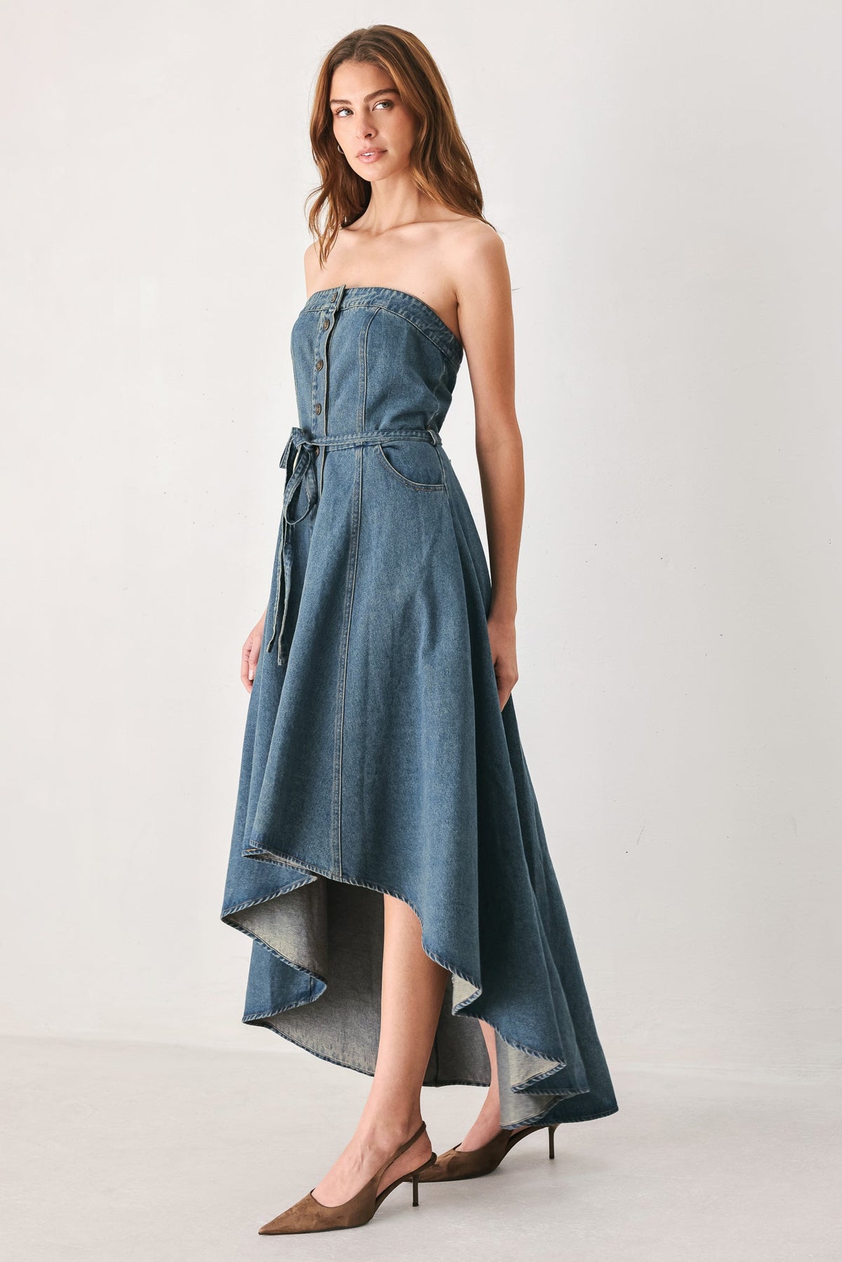 MIDNIGHT VOLUME DENIM MIDI DRESS