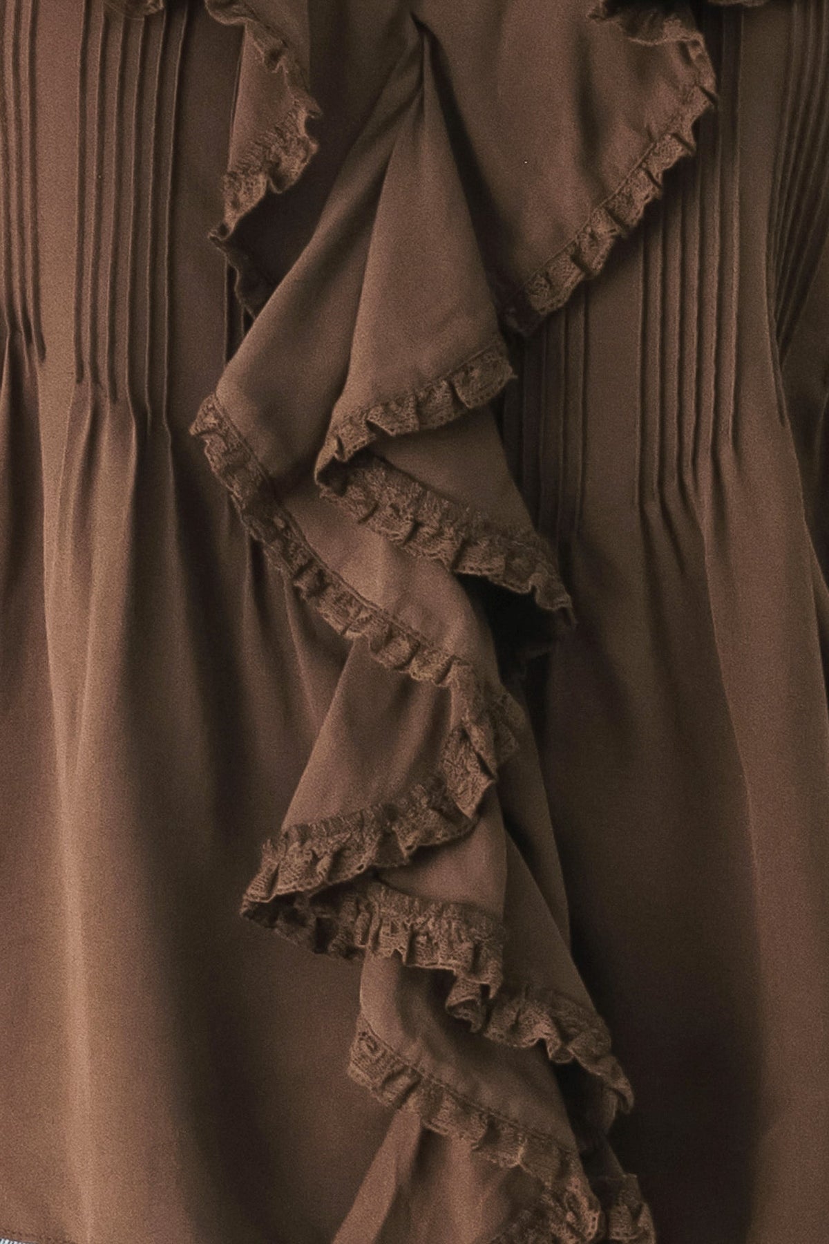 EARTHBOUND ROMANCE BROWN RUFFLE PINTUCK BLOUSE