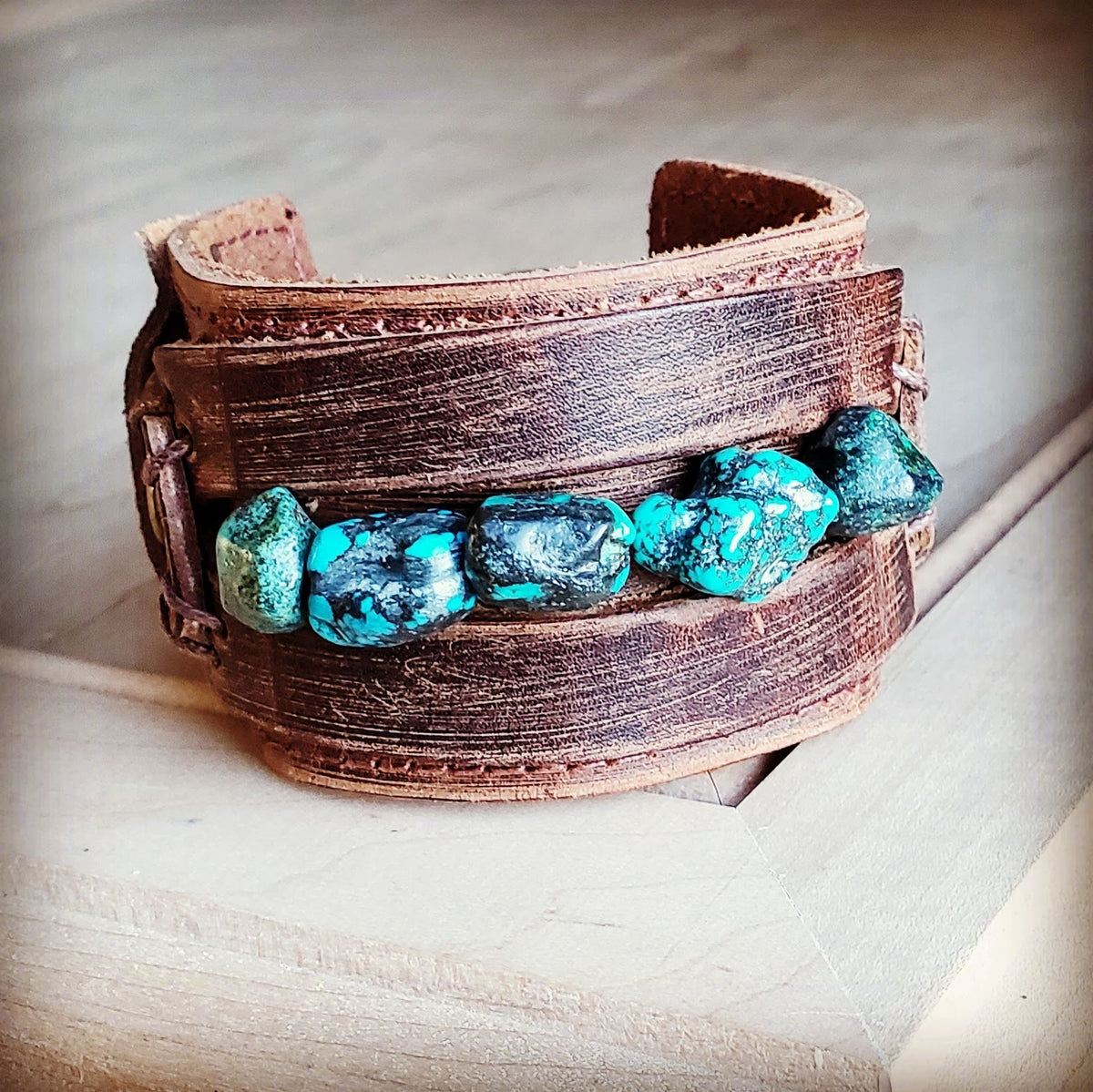 Wide Leather Cuff with Natural Turquoise