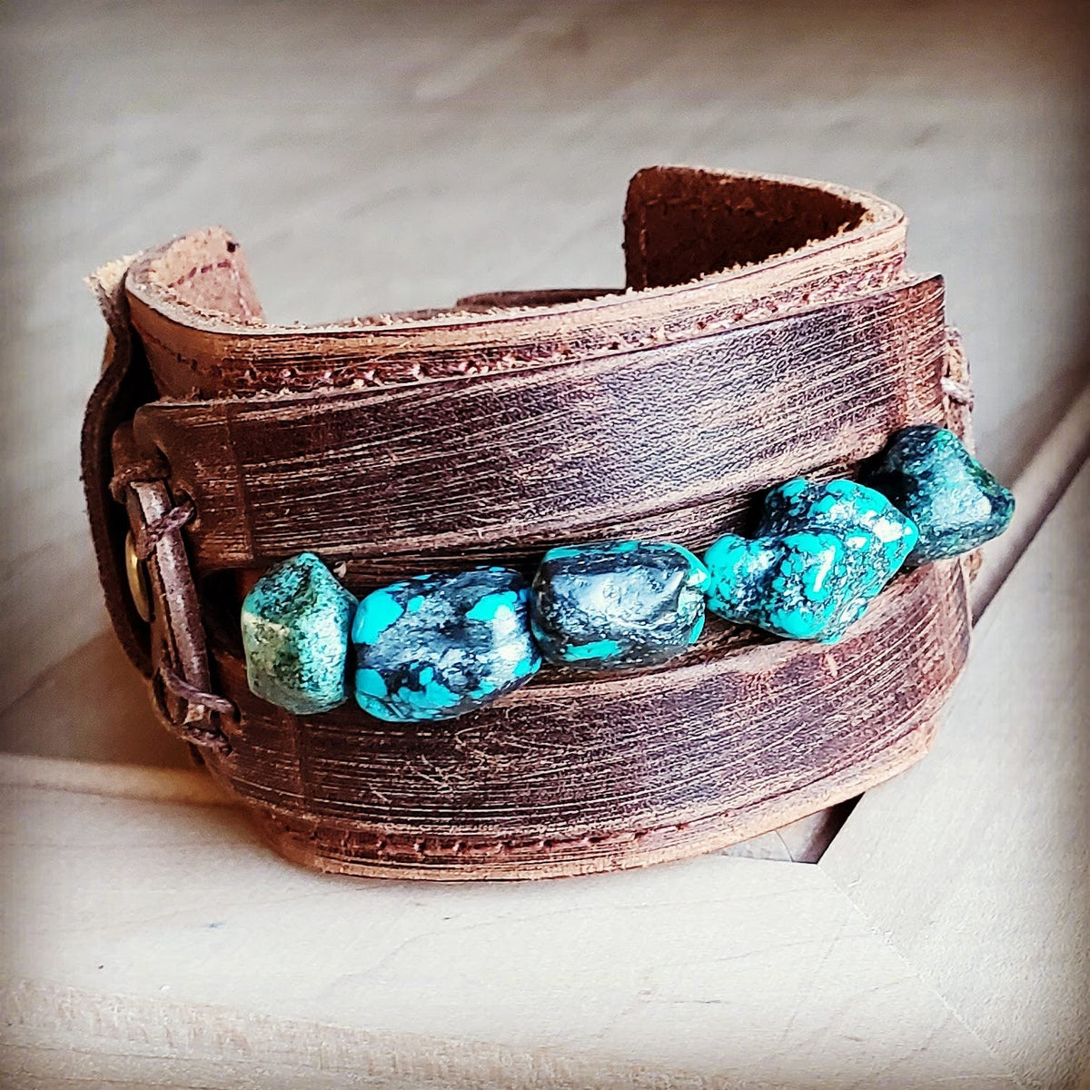 Wide Leather Cuff with Natural Turquoise