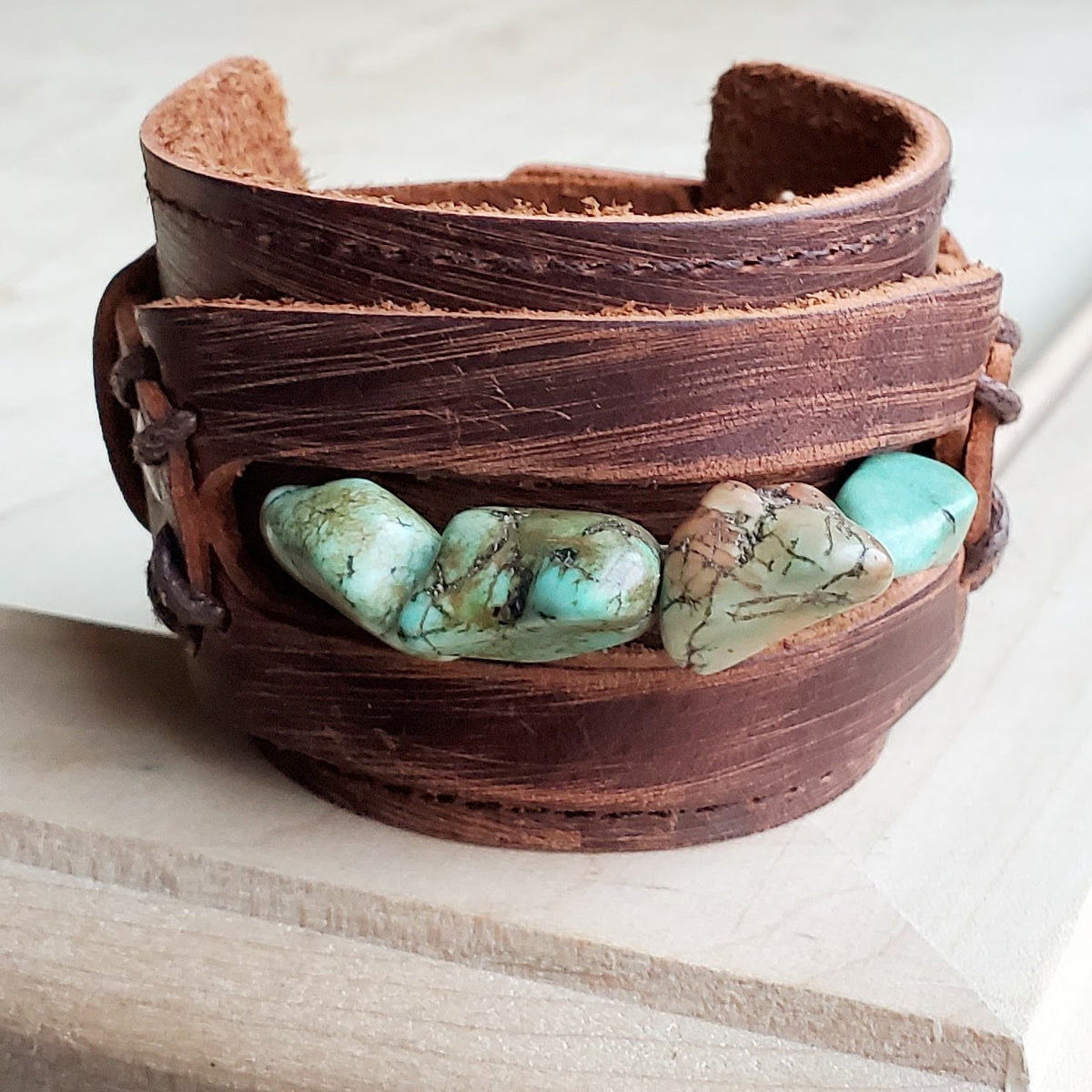 Wide Leather Cuff with Natural Turquoise
