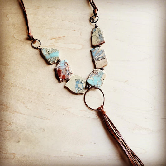 Aqua Terra Slab Necklace with Leather Fringe Tassel