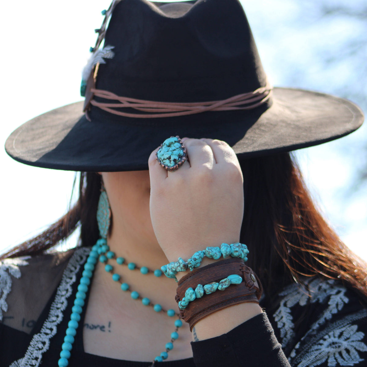 Wide Leather Cuff with Natural Turquoise
