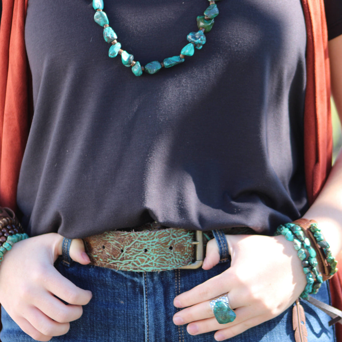 Double Strand Turquoise Feather Tassel Bracelet