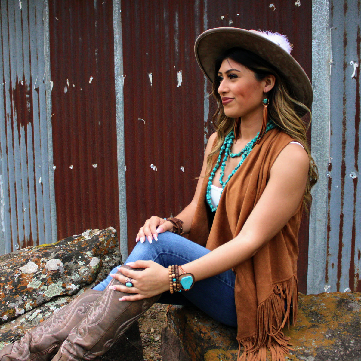 Turquoise Drop Earrings with Suede Tassel