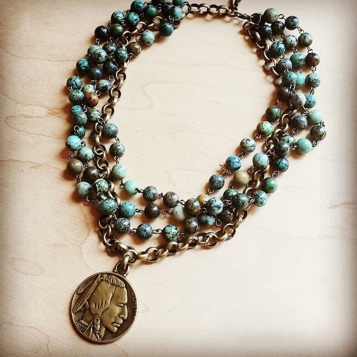 African Turquoise Buffalo Coin Collar Necklace