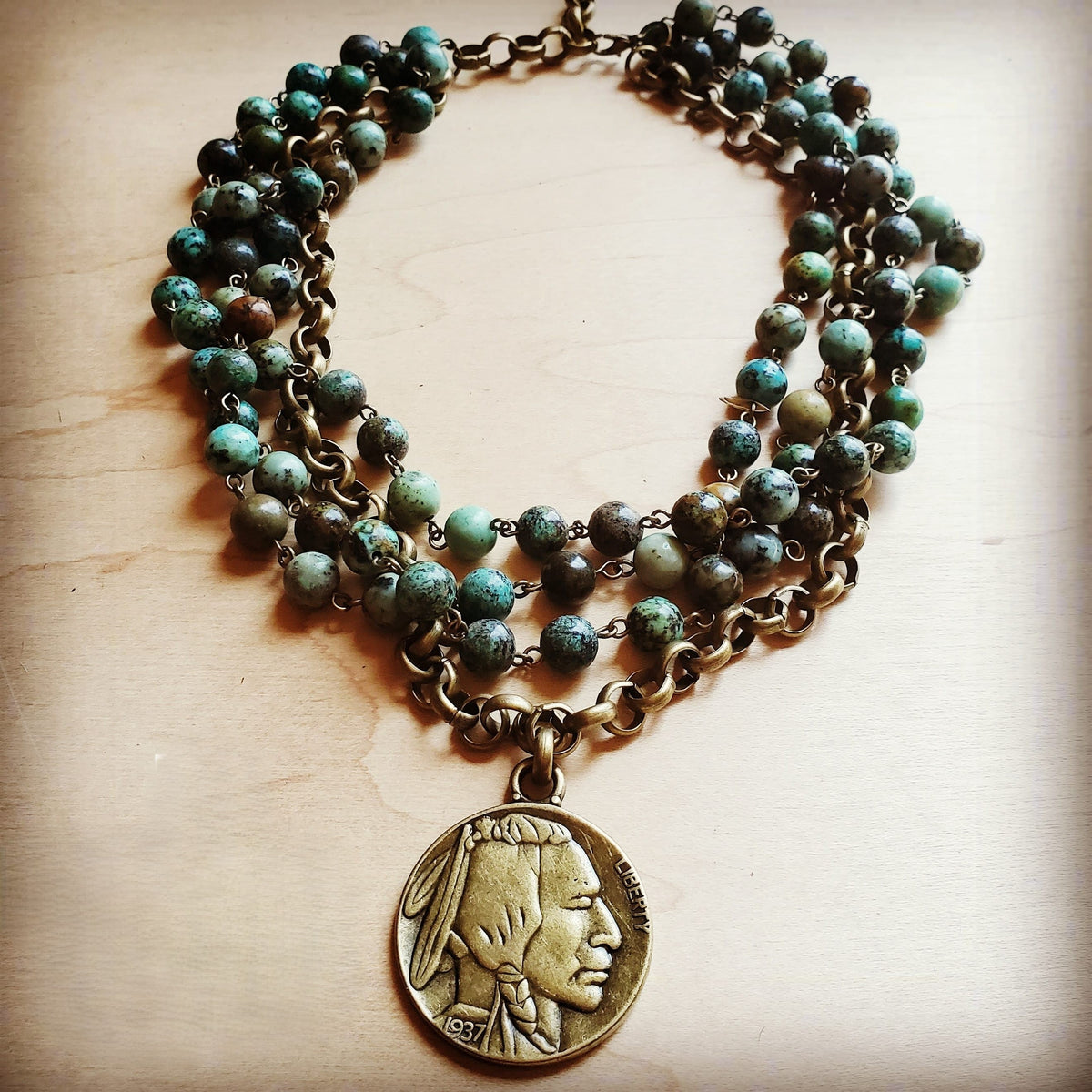 African Turquoise Buffalo Coin Collar Necklace