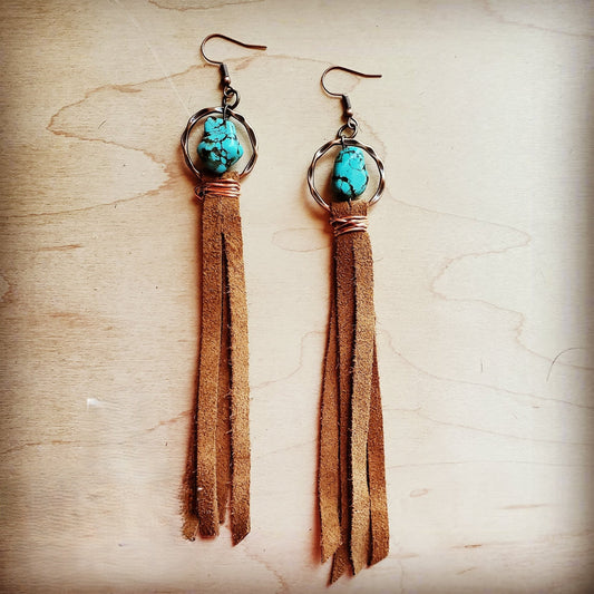 Turquoise Drop Earrings with Suede Tassel