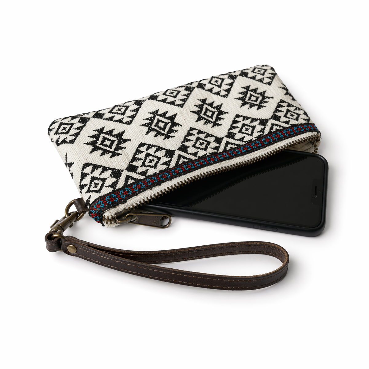 Geometric Embroidered Wristlet with Leather Strap