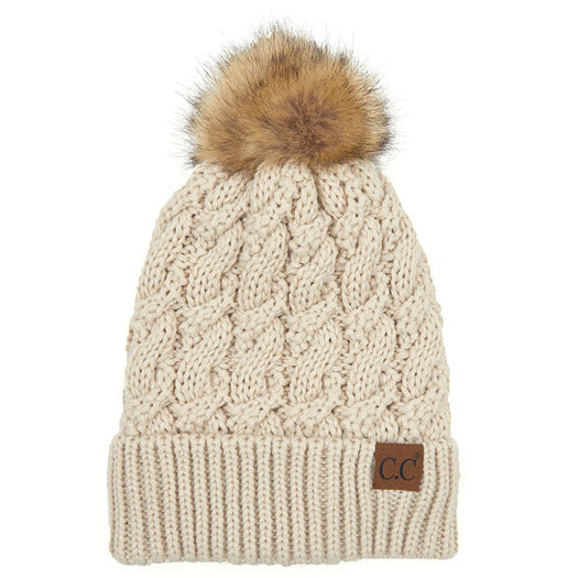 C.C Cable Knit Beanie with Faux Fur Pom