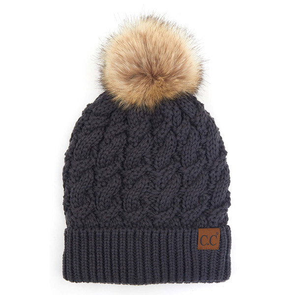 C.C Cable Knit Beanie with Faux Fur Pom