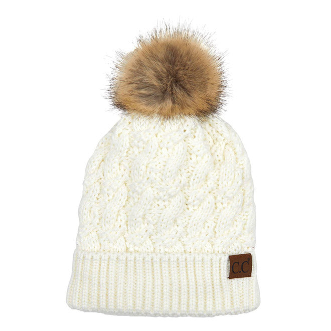 C.C Cable Knit Beanie with Faux Fur Pom