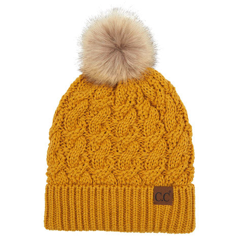 C.C Cable Knit Beanie with Faux Fur Pom
