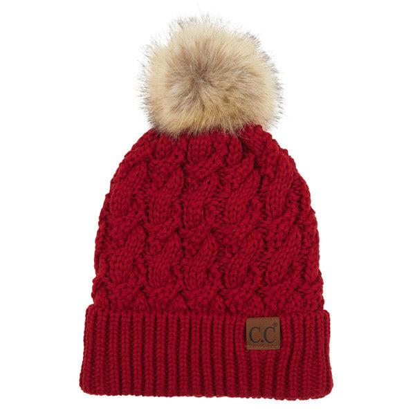 C.C Cable Knit Beanie with Faux Fur Pom