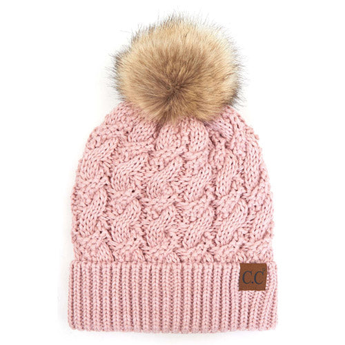 C.C Cable Knit Beanie with Faux Fur Pom