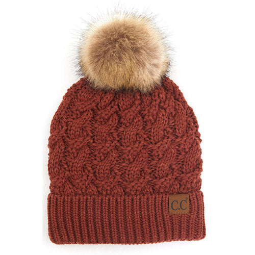 C.C Cable Knit Beanie with Faux Fur Pom