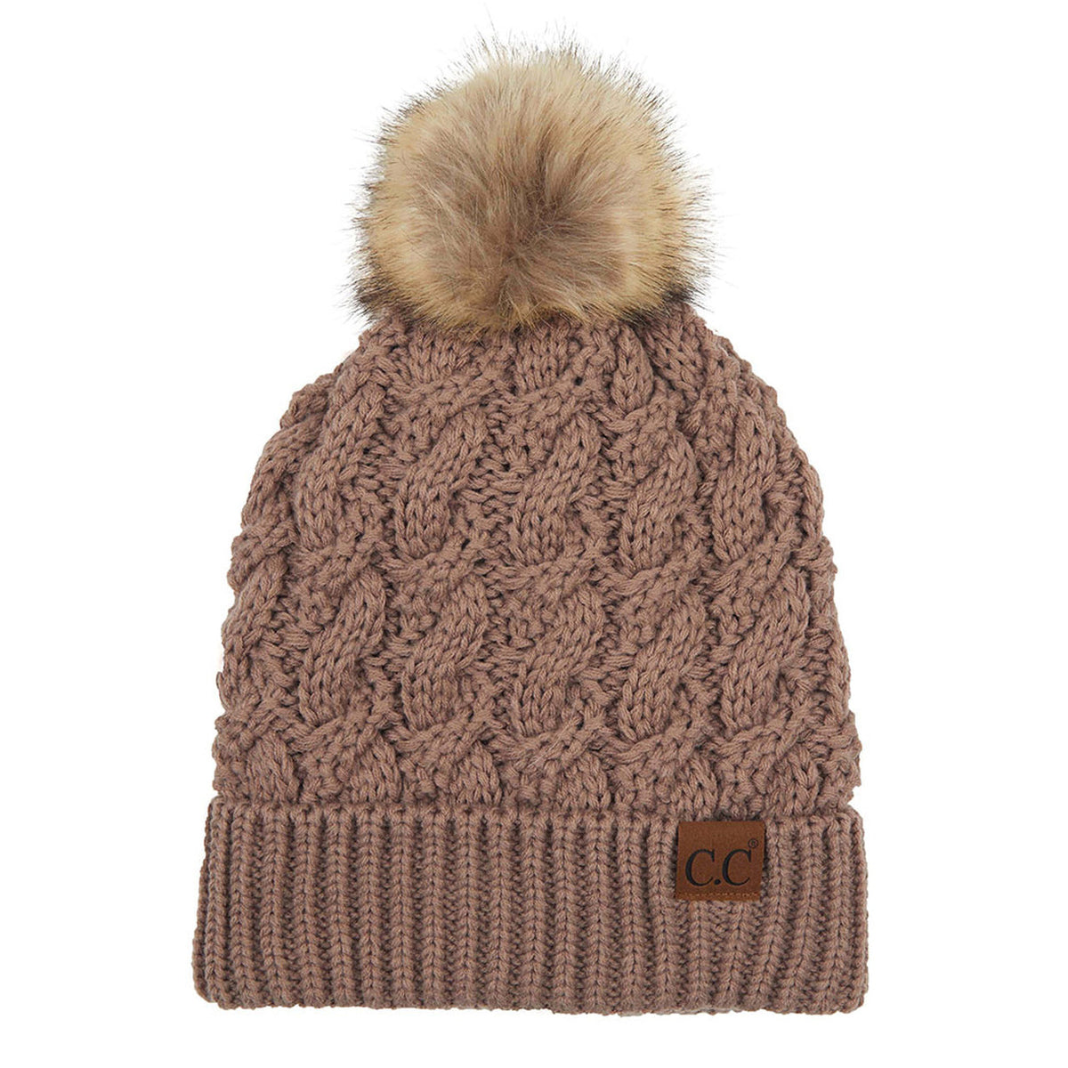 C.C Cable Knit Beanie with Faux Fur Pom