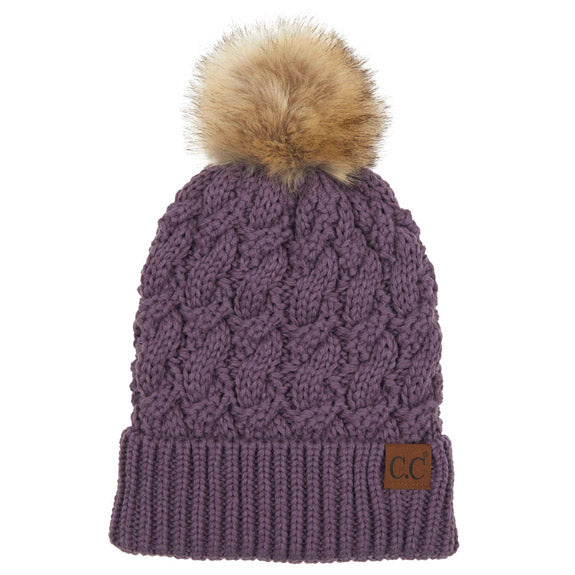 C.C Cable Knit Beanie with Faux Fur Pom