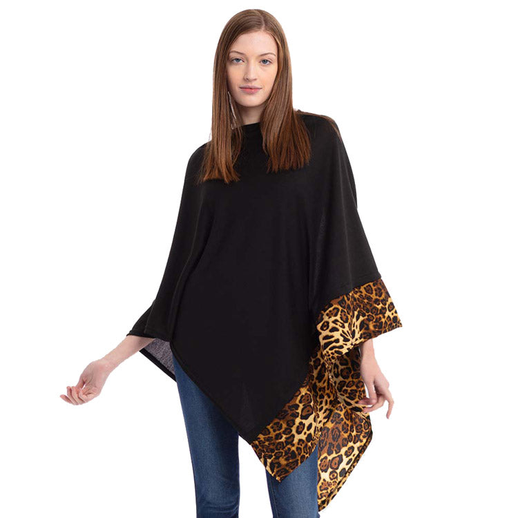 Faux Leopard Trim Poncho Ruana