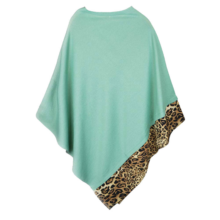 Faux Leopard Trim Poncho Ruana