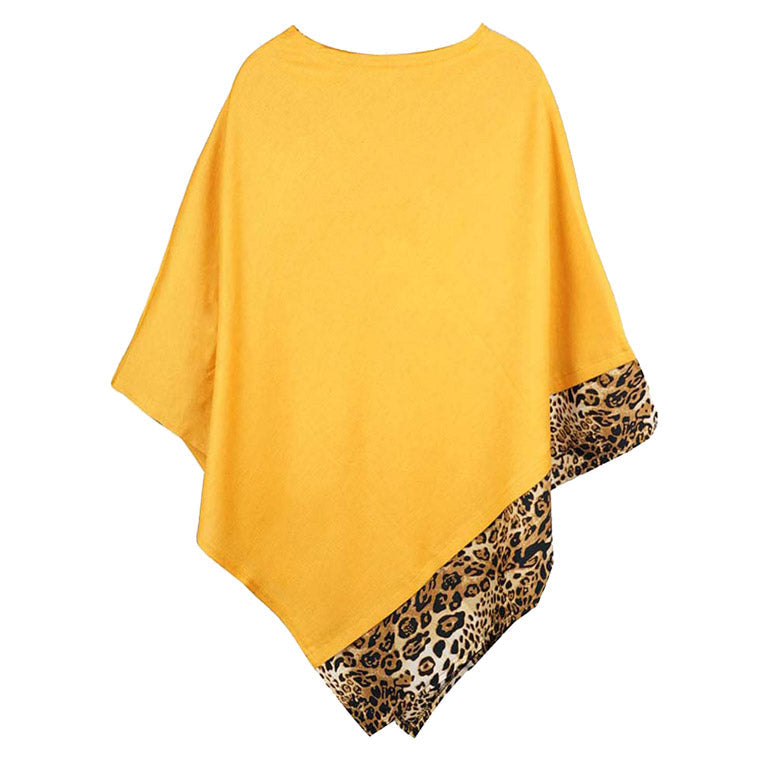 Faux Leopard Trim Poncho Ruana