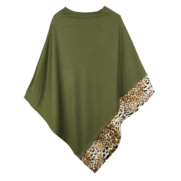 Faux Leopard Trim Poncho Ruana