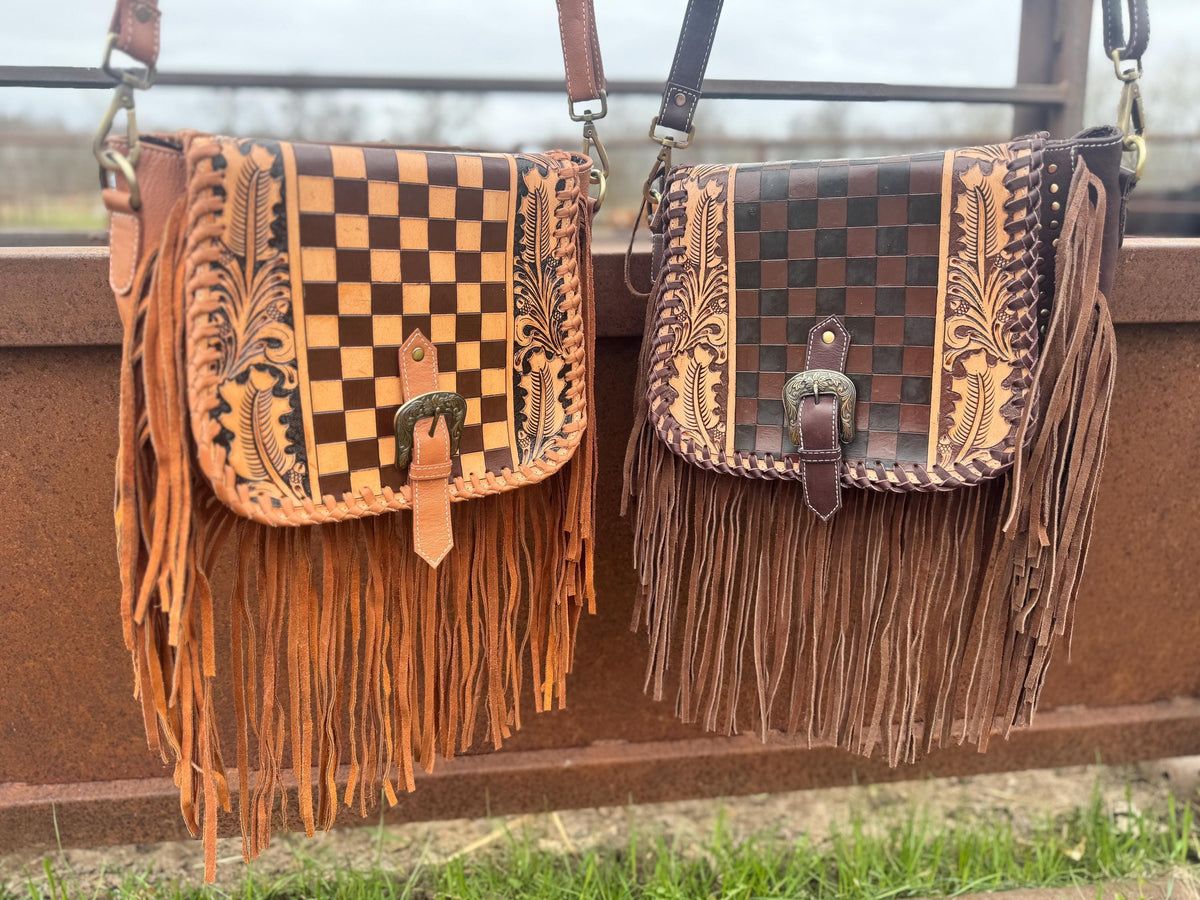 Double B Fringe Checkered Leather Purse