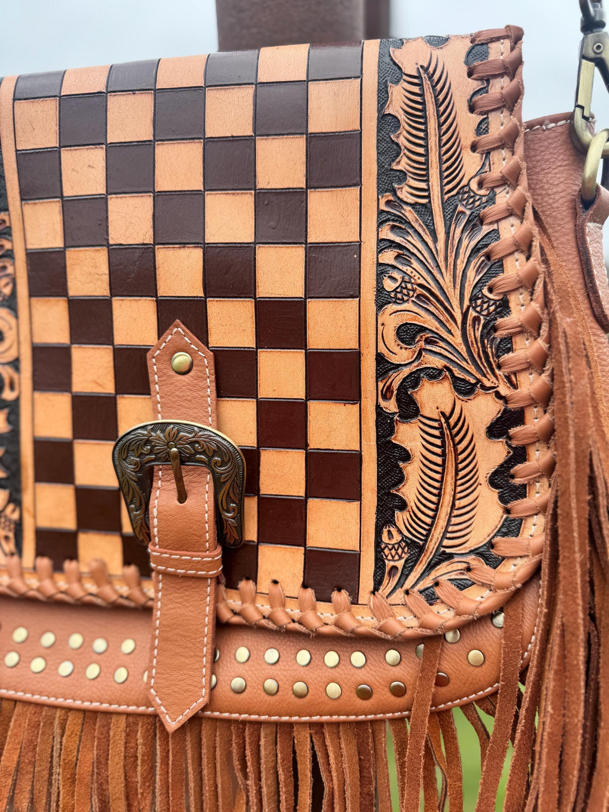 Double B Fringe Checkered Leather Purse