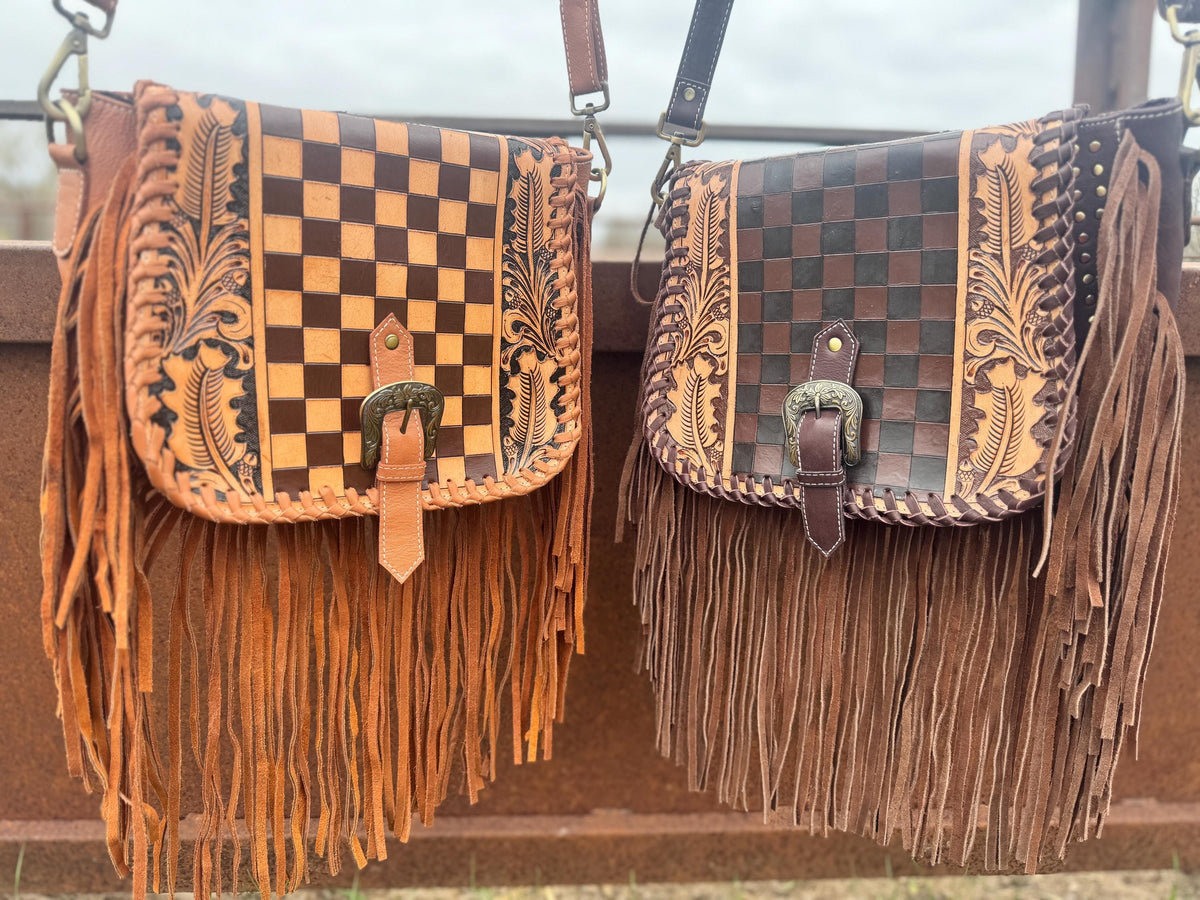 Double B Fringe Checkered Leather Purse