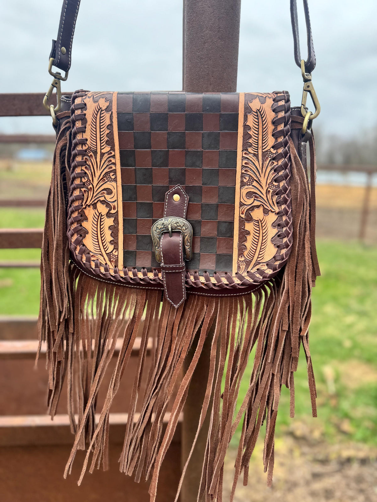 Double B Fringe Checkered Leather Purse